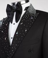 Costume de mariage noir personnalisé avec strass brillants pour homme, smoking de luxe pour marié, bal de promo, témoin, fête de mariage