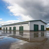 Atelier à structure métallique 68m, charpente portique, toit végétal, porte enroulable, rail de grue, poteau, bâtiment industriel résistant à la pluie