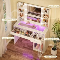 Table de maquillage moderne avec miroir à lumière LED, lumières RGB, prise de courant, plateau transparent et grand meuble de rangement