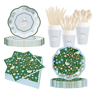 Décoration de fête du thé DAMAI, assiette florale verte avec des oies blanches, ensemble de vaisselle jetable, serviettes en papier, gobelets, assiettes - Product Image 4
