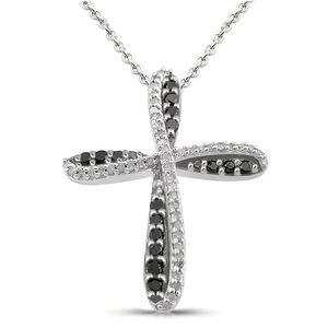 Collana con Ciondolo a Croce in Acciaio Inossidabile Placcato Rodio con Zirconia Cubica Incastonata, Gioiello Religioso Cristiano Unisex - Product Image 1