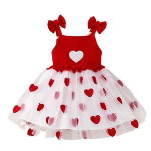 Vestito da <span class=keywords><strong>bambina</strong></span> rosso e bianco con cuore, spalline sottili, dettaglio fiocco, top a costine, gonna in tulle, grazioso abito da festa, abbigliamento per <span class=keywords><strong>bambina</strong></span> - Product Image 2