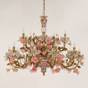 Jewellerytop pháp Rococo Brass Đèn sang trọng màu hồng hoa gốm treo ánh sáng mặt dây chuyền đèn chùm - Product Image 4
