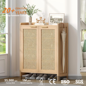 Armoire à chaussures moderne et mince avec 3 tiroirs rabattables, étagères réglables, blanc et bois naturel, pour entrée ou couloir étroit - Product Image 2