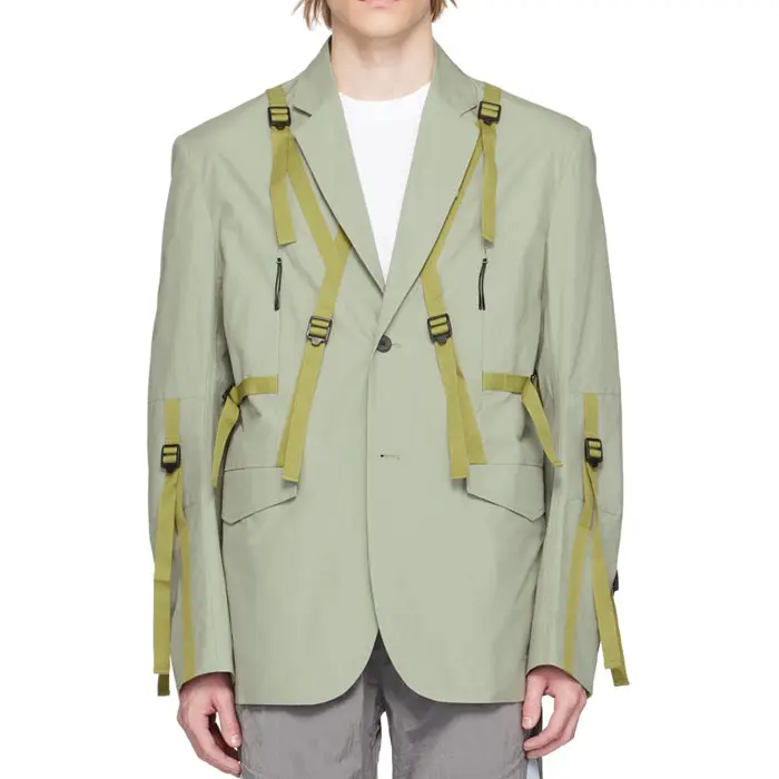 Exclusive Customize Long Sleeve Pad Shoulder Single Breasted Green Cotton Poplin Blazer Webbing Cinch Straps Formal Jacket Men