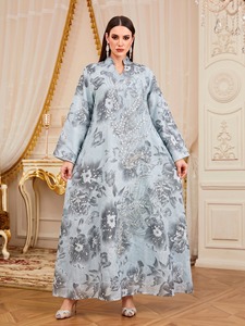 Unisex Rayon Colorblock Print Anti-Wrinkle Elegant Abaya <b>Rhinestone</b> Applique Ankle Length Long Gown Stand Collar Flare Sleeve - Product Image 6