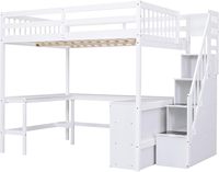 Lit mezzanine avec escalier, lit mezzanine pleine taille avec bureau en L intégré, étagères de rangement à trois niveaux et escalier de rangement attaché