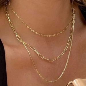 Collier en or anti-ternissement tendance, collier en or véritable 18 carats, collier à trois rangs en acier inoxydable pour femmes et filles - Product Image 1