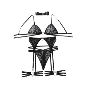 Ensemble de lingerie 5 pièces en dentelle florale avec anneau métallique en forme de cœur, soutien-gorge à bonnets triangulaires, <span class=keywords><strong>porte</strong></span>-jarretelles et menottes - Product Image 6