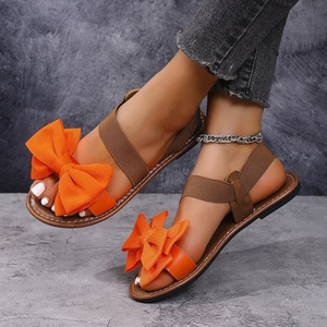 Women Plus Size Flat <b>Sandals</b> Bow Decor <b>Elastic</b> Ankle Strap Lightweight Summer Casual Beach Footwear - Product Image 3
