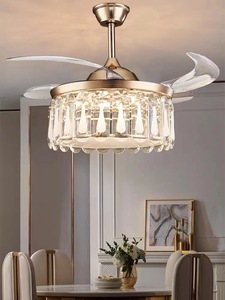 Ventilateur de plafond moderne pour salon de villa avec éclairage LED et télécommande, 5 vitesses, montage encastré, finition dorée et cristaux - Product Image 1