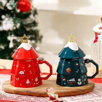 Mug en céramique de Noël 350 ml, mignon, écologique, souvenir créatif, en forme de sapin, avec couvercle chaud/froid et barre de mélange, emballage en boîte colorée