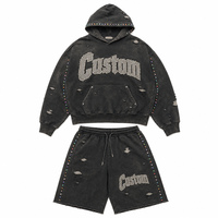 Ensemble sweat à capuche zippé et short délavé avec logo personnalisé, orné de strass, vêtements de créateur, ensemble graphique noir de haute qualité