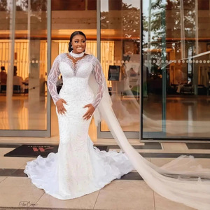 African Bride Mermaid Wedding Dress Long Sleeve Plus Size V Neck Backless Cut Out Pure White Winter 2025 - Product Image 2