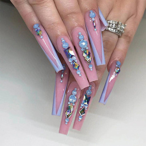 <span class=keywords><strong>Uñas</strong></span> postizas para manicura para mujeres <span class=keywords><strong>y</strong></span> niñas, manicura francesa, azul, bailarina, Diamante brillante largo, 24 Uds. - Product Image 4