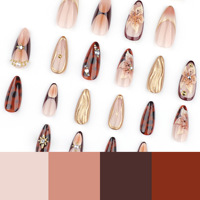 Faux ongles de luxe à presser, motif écaille de tortue, fleurs 3D, courts, forme amande, style French, réutilisables, perles dorées, vente en gros