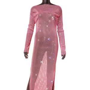 Women's Mesh Lingerie Body Chains Sexy Nightclub Body Accessories Fishnet Babydoll Mini Dress Long Sleeve Maxi Dress