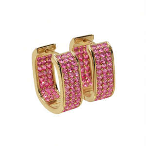 Pendientes Huggie de Oro Blanco E4629 con Piedras Rosas, Microincrustaciones Geométricas, Joyería de Lujo para Mujer, para Fiestas - Product Image 1