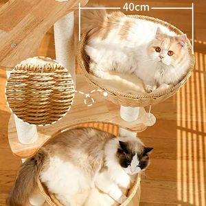 Moderno Grande Tiragraffi per Gatti in Legno Massello con Cesto in Rattan Integrato, Colonna in Sisal, Giocattolo con Palla in Peluche, per Dormire, Tirare e Giocare - Product Image 5