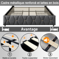 Lit double rembourré en lin gris XMETPR 140/160x200cm avec 4 tiroirs, LED, tête de lit avec rangement et USB-C