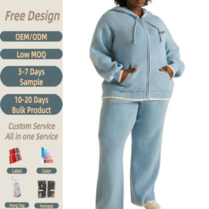 Completo da <span class=keywords><strong>donna</strong></span> <span class=keywords><strong>taglie</strong></span> forti in maglia a coste con bordo bianco a contrasto, 2 pezzi: Felpa con cappuccio e zip e pantaloni a gamba larga, loungewear - Product Image 1