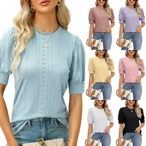 Summer 2023 Custom Solid Blouses Tops For Women Fashion O Neck Elegant Office Ladies Shirt Short Sleeve Blouse Casual Top