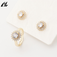 Nouvelle mode de boucles d'oreilles en laiton plaqué or 18 carats, ensemble de bagues, bijoux en cristal pour mariages, fêtes, cadeaux de fiançailles