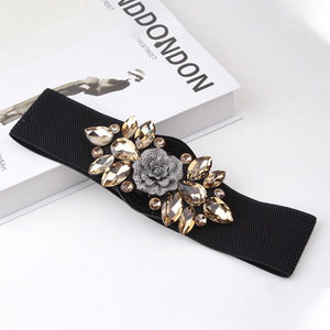 Golden Pear Fall Wide <b>Elastic</b> Waistband Black Crystal Flower Clasp Women's <b>Belt</b> Fashion European Style 24-35 Size - Product Image 2