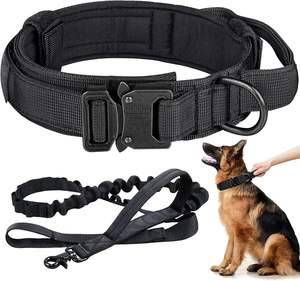 Collar de perro táctico de alta resistencia ajustable con luces de hebilla de metal con mango-Juego de correa de nailon para perros y pájaros medianos y grandes - Product Image 1