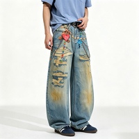 Jeans de Estilo Y2K con Cadena Digital Decorativa, Estampado y Diseño de Agujeros, de Alta Calidad