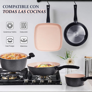 Modern <b>Ceramic</b> Marble Coated Pot <b>Pan</b> Glass Lids Bakelite Handles Non-Stick Aluminum Cookware Set Gas Induction Ready 6-Piece - Product Image 6