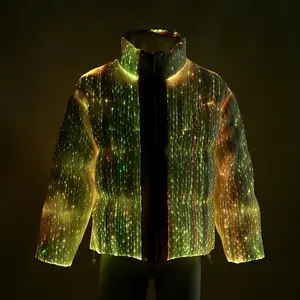 Glowing LED casaco de fibra óptica atacado moda tendência quente bolha jaquetas reflexivas homens hoodie inverno puffer down jacket