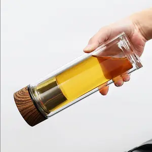 Seaygift-botella de agua con tapa de madera de 300ml, vaso de vidrio transparente con filtro de té, doble pared, aislante, para negocios, con Infusor de té