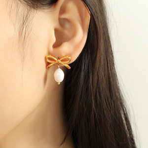 Bowknot <b>Stud</b> <b>Earrings</b> Gold Plated Pearl Drop Women's Everyday Wear - Product Image 4