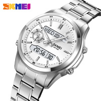 Jam tangan pria Skmei 2284, jam tangan kuarsa Digital olahraga tahan air waktu dunia baja Stopwatch hitung mundur waktu dunia