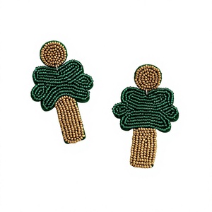 Handmade Beaded Cactus Shape <b>Dangle</b> <b>Earrings</b> Green Brown Embroidered Cotton Jewelry - Product Image 1