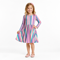 Robe d'hiver de Noël pour bébé de 2 à 7 ans, multicolore à rayures arc-en-ciel, à manches longues, taille froncée, en jersey, coupe trapèze, robe tourbillon
