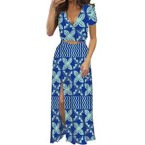 Conjunto de Dos Piezas con Estampado Tribal Geométrico Samoano para Mujer, Top Corto Cruzado con Cuello en V y Falda Maxi con Abertura Lateral, Vestido Tapa de las Islas del Pacífico - Product Image 1
