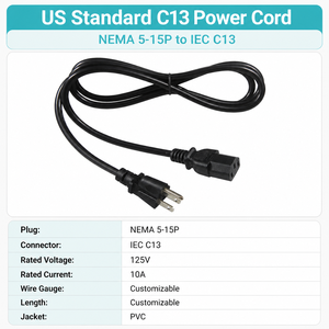 Câble d'alimentation CA NEMA 5-15P vers IEC C13 18AWG 10A 125V, câble à 3 broches avec mise à la terre pour moniteur PC, poste de travail, directement de l'usine - Product Image 5
