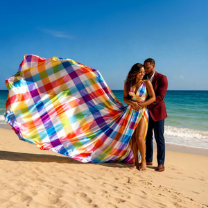 Vestido de satén maxi de lujo multicolor con estampado de cuadros arcoíris para sesiones de fotos en la playa, vestido de noche premium a rayas coloridas - Product Image 1