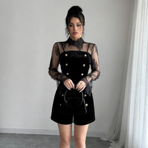 <b>Black</b> Lace Velvet Dress Double Breasted Button Front Mini Dress <b>Sheer</b> Sleeveless <b>Top</b> for Party Evening - Product Image 3