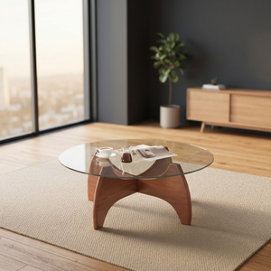 Table basse moderne en verre trempé rond avec base en bois, design mid-century, meubles de salon - Product Image 4