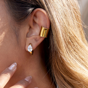 <b>Clip</b>-On Earrings 18K Gold Stainless Steel Wide Geometric Women's Jewelry - Product Image 2