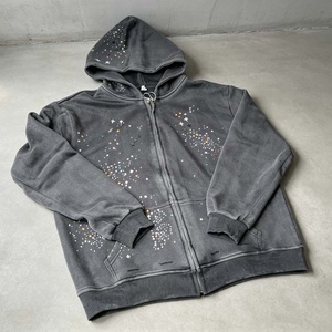 Sudadera con capucha extragrande para hombre, con cremallera, de algodón 100%, estilo urbano con pedrería personalizada, corte holgado - Product Image 2