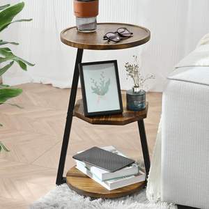 Petite table d'appoint ronde avec cadre métallique en bois massif, table d'appoint à 3 niveaux pour canapé d'appoint - Product Image 1