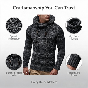 Pull à capuche en maille torsadée pour homme, en fil mélangé, col châle épais, fermeture boutonnée, cordon de serrage, OEM ODM, tricot sur mesure, faible MOQ - Product Image 2