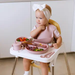 ES-Pro Custom Factory ODM/OEM Silicone Baby Feeding Set Includes Tableware Bowl Plate Bib Spoon Dish Cutlery Handle Dining Set