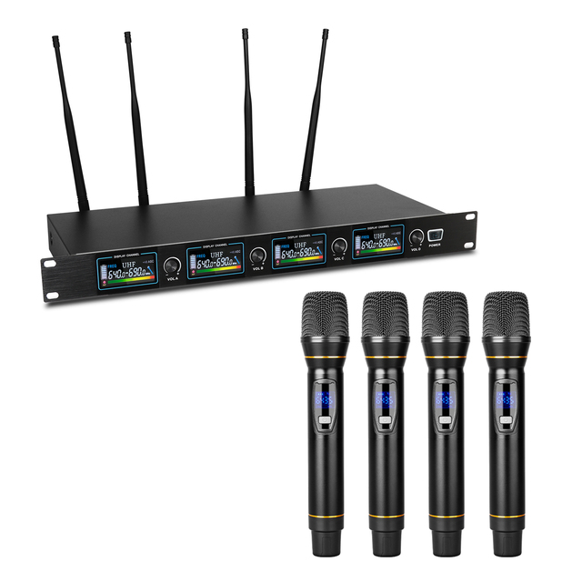 D24 Professional 4-Channel UHF Wireless Mic System Handheld Microphone for Stage Karaoke & Conference Usage