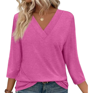 2026 New Women's Casual V-Neck Knitted T-Shirt Comfortable Polyester/Cotton Long Sleeve Solid Color Anti-Pilling Versatile - Product Image 4