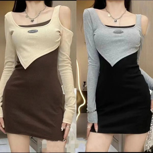 Women's Knitted Bodysuit Color Blocking Splicing Stretch Slim Fit Short Dress Irregular Faux Two Piece Style - Product Image 4
